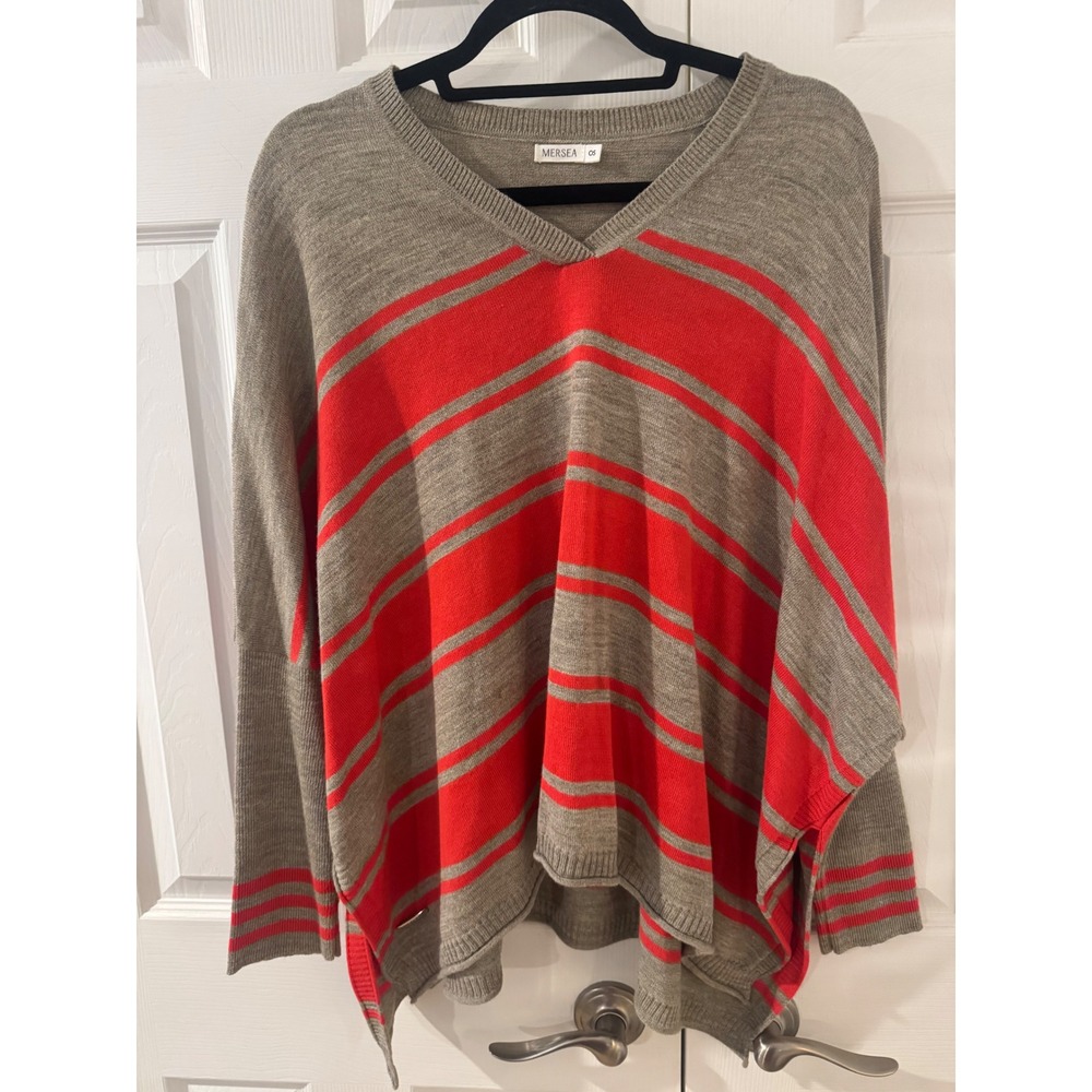 Mersea Oversized V-Neck Striped Sweater poncho Grey Orange Red One Size OS